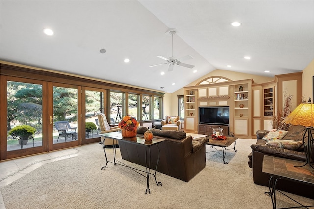 tiled living room featuring built in features, lofted ceiling, and ceiling fan