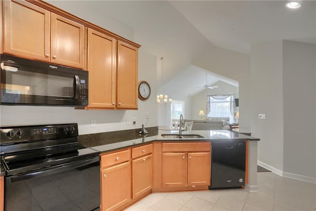 kitchen with vaulted ceiling, ceiling fan, sink, black appliances, and light tile patterned floors