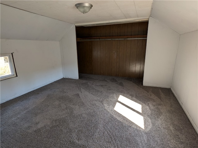 additional living space with wooden walls, vaulted ceiling, and carpet