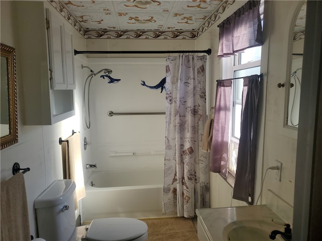 full bathroom with tile walls, sink, toilet, and shower / bathtub combination with curtain