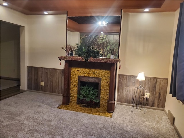 living area with wooden walls and carpet