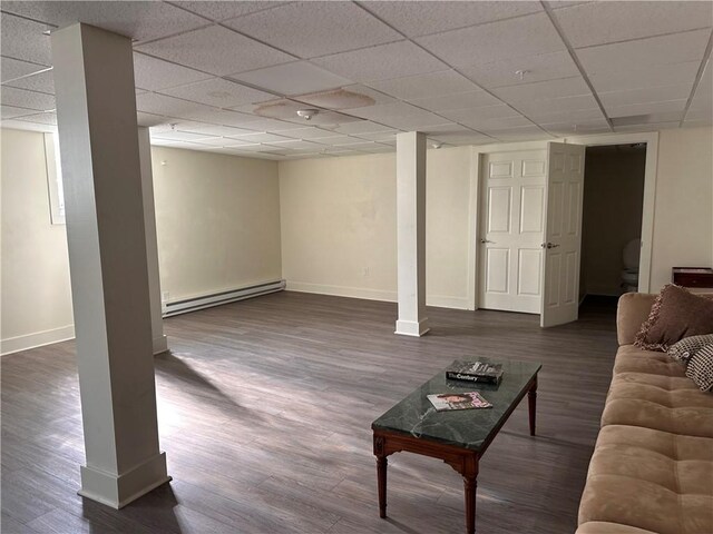 5900 Babcock Blvd Unit 80, Ross Twp, PA 15237 - finished basement with a baseboard radiator, baseboards, dark wood-style floors, and a drop ceiling
