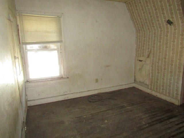 empty room with dark hardwood / wood-style flooring and vaulted ceiling