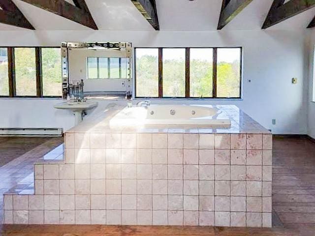 bathroom featuring a bath and a baseboard heating unit