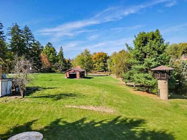 view of green lawn with an outbuilding