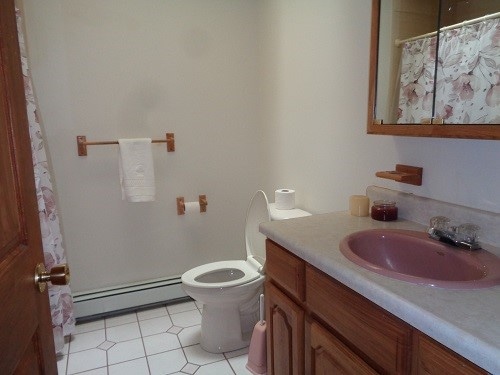 bathroom featuring vanity, tile patterned flooring, curtained shower, a baseboard heating unit, and toilet