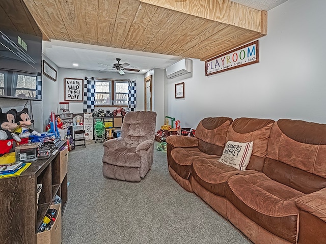 living room featuring carpet, a wall unit AC, ceiling fan, and wood ceiling