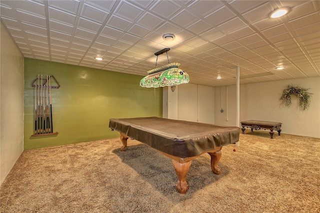 game room featuring pool table and carpet