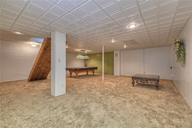 basement featuring carpet flooring and pool table