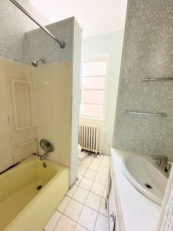 bathroom featuring shower / tub combination, vanity, radiator heating unit, and tile patterned flooring