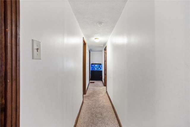 hallway with a textured ceiling and light colored carpet