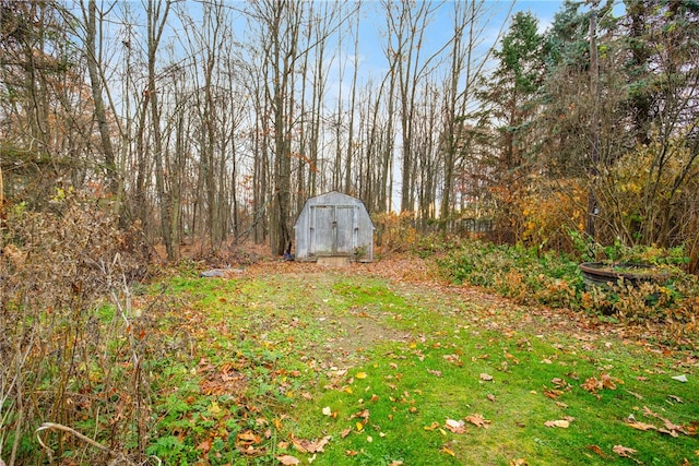 view of yard featuring a storage shed