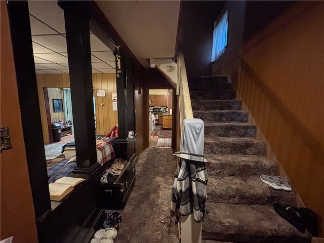 stairway featuring wood walls, a paneled ceiling, and carpet