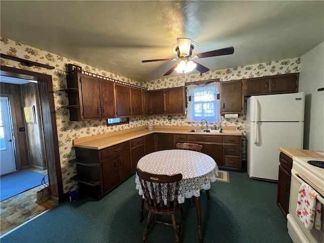 kitchen with dark brown cabinetry, sink, white appliances, and ceiling fan