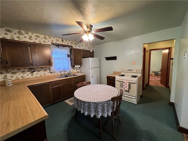 kitchen featuring dark colored carpet, dark brown cabinetry, sink, ceiling fan, and white appliances