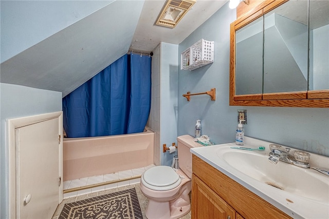 full bathroom with lofted ceiling, tile patterned flooring, vanity, toilet, and shower / bath combo with shower curtain