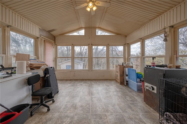 office with ceiling fan and lofted ceiling