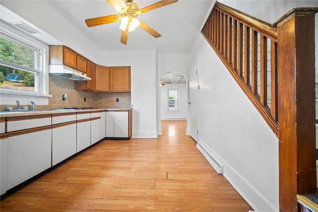 kitchen featuring decorative backsplash, sink, ornamental molding, ceiling fan, and light wood-type flooring