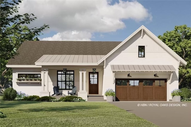 modern farmhouse style home with a front lawn and covered porch