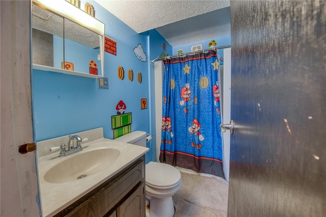 full bathroom featuring vanity, a textured ceiling, shower / bath combo, tile patterned flooring, and toilet