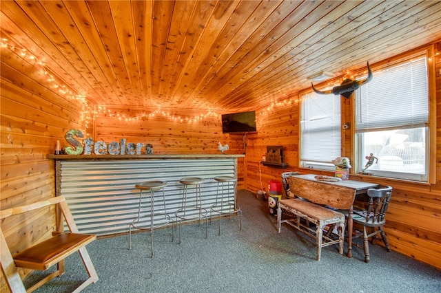 interior space with wooden walls, wooden ceiling, carpet flooring, and indoor bar