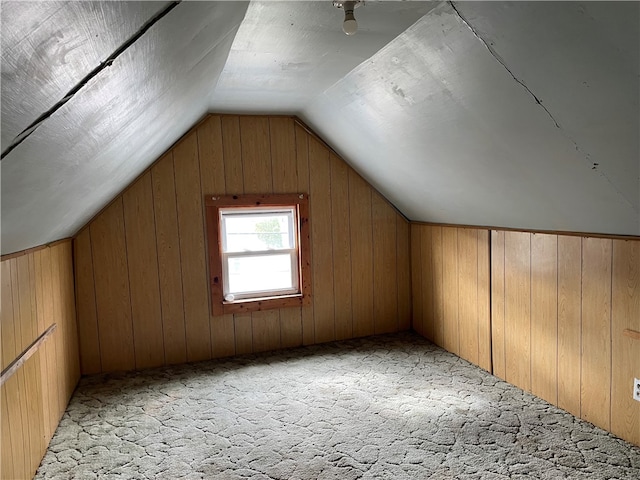 additional living space featuring wood walls, light carpet, and lofted ceiling