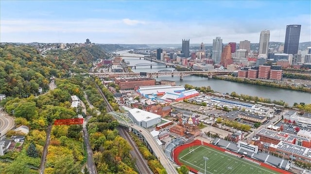 aerial view featuring a water view