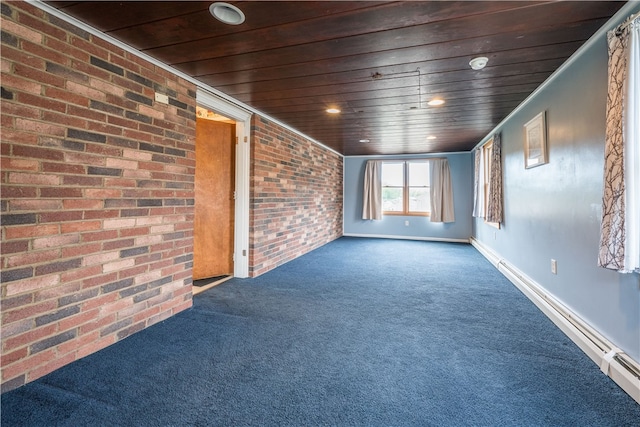 unfurnished living room featuring ornamental molding, wood ceiling, and dark carpet