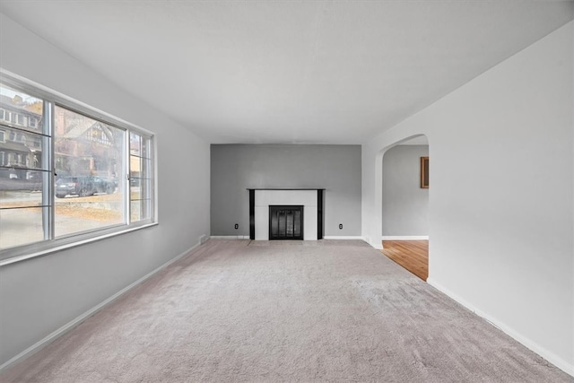 unfurnished living room featuring light colored carpet