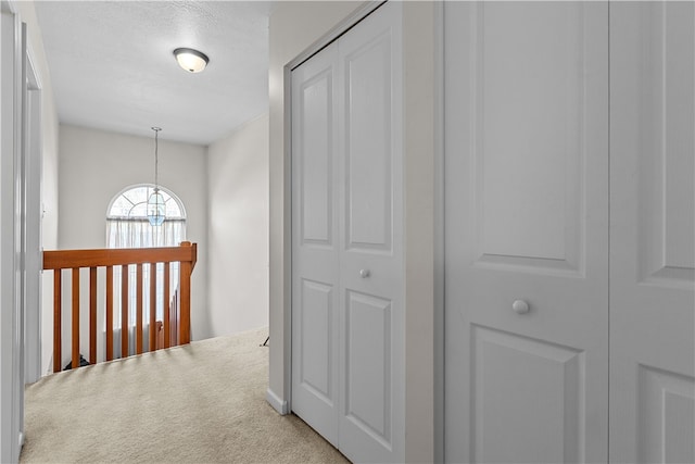 hall featuring a textured ceiling and light carpet