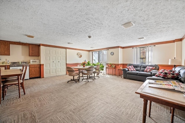 living room featuring a textured ceiling, light carpet, and crown molding