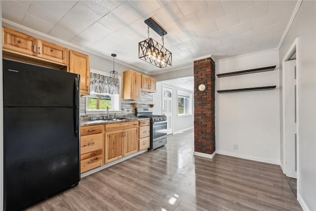356 Stewarton Rd, Springfield Twp Fay, PA 15465 - kitchen featuring freestanding refrigerator, stainless steel range with gas stovetop, plenty of natural light, crown molding, and light brown cabinets