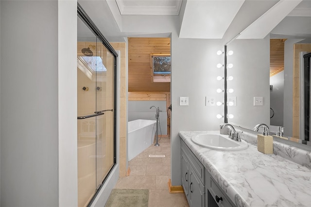 bathroom with crown molding, vanity, tile patterned floors, and independent shower and bath