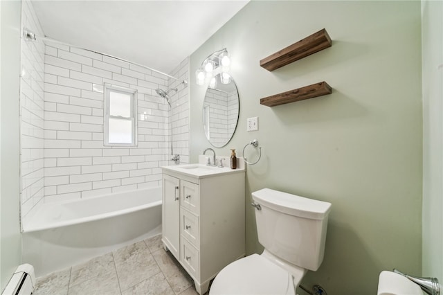 full bathroom with tiled shower / bath, vanity, toilet, and a baseboard heating unit