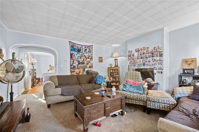 living room featuring carpet floors and ornamental molding