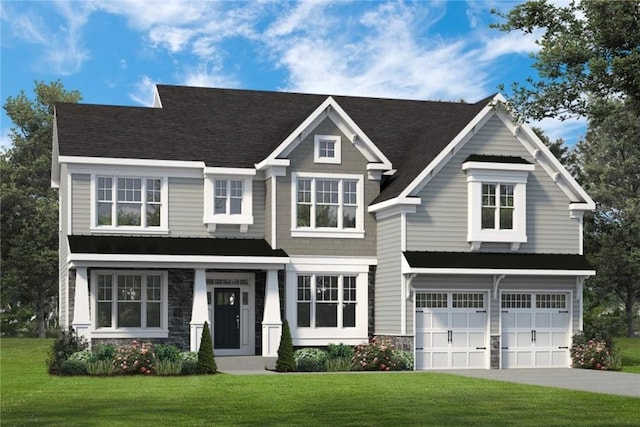 craftsman house featuring a front lawn and a garage