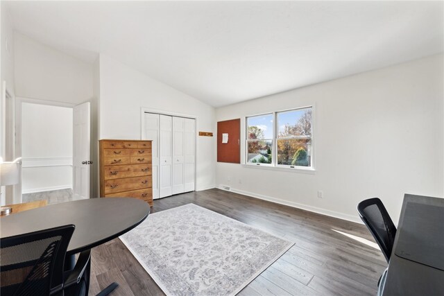 office with dark hardwood / wood-style flooring and lofted ceiling