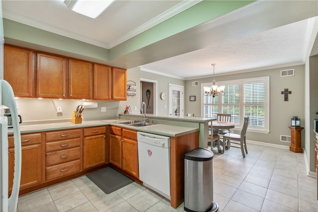 kitchen featuring dishwasher, kitchen peninsula, sink, light tile patterned floors, and crown molding