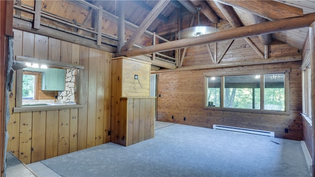 unfurnished room with wooden walls and lofted ceiling with beams