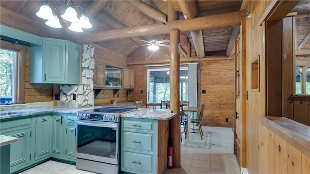 kitchen with wood ceiling, lofted ceiling with beams, wood walls, and electric range