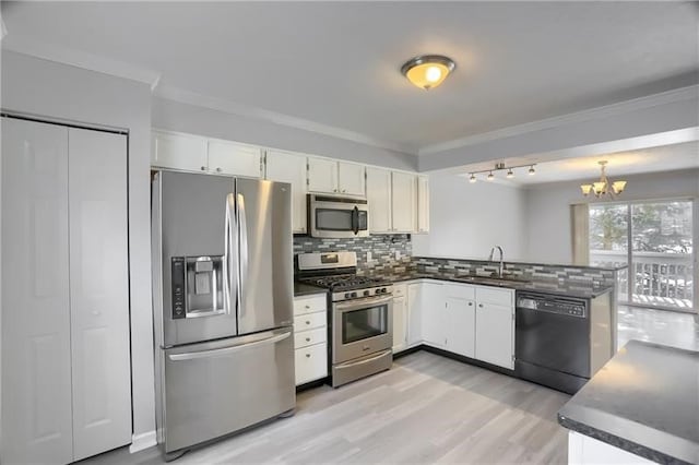 kitchen featuring stainless steel appliances, backsplash, sink, white cabinets, and kitchen peninsula