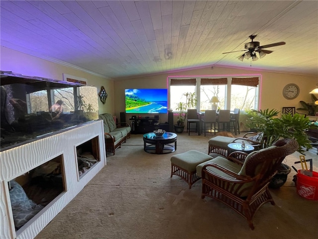 living room with carpet, crown molding, wood ceiling, lofted ceiling, and ceiling fan