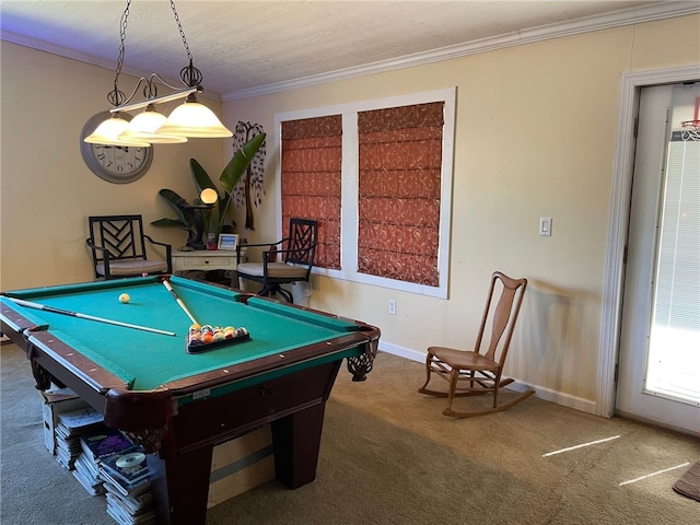 game room featuring ornamental molding, carpet, and pool table