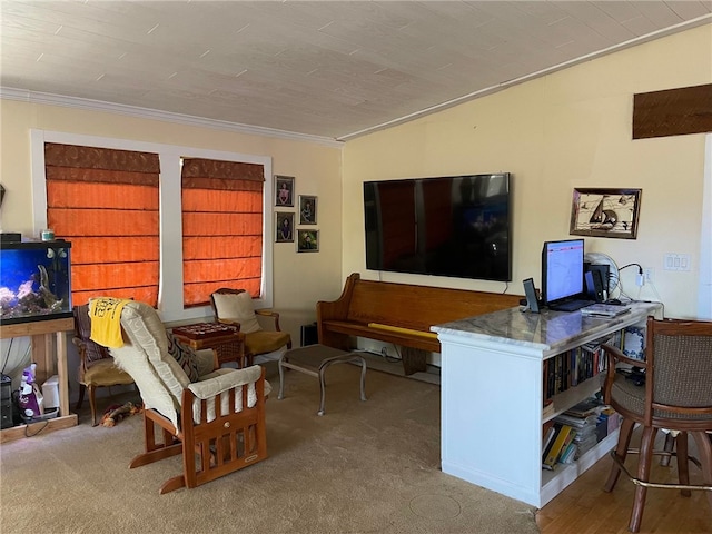 carpeted living room featuring crown molding