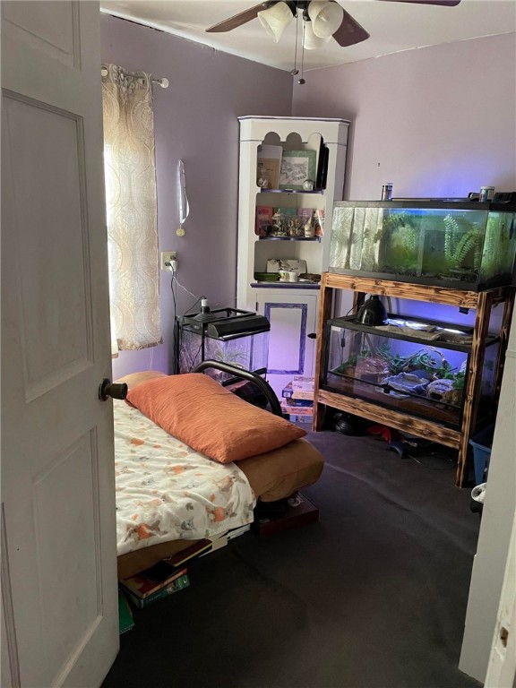 bedroom with ceiling fan and carpet