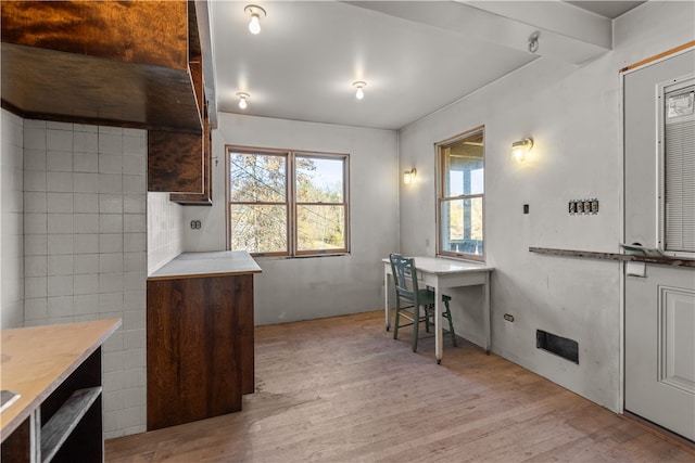 kitchen with dark brown cabinetry and light wood-type flooring