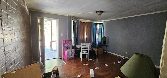 misc room featuring ornamental molding and dark hardwood / wood-style floors