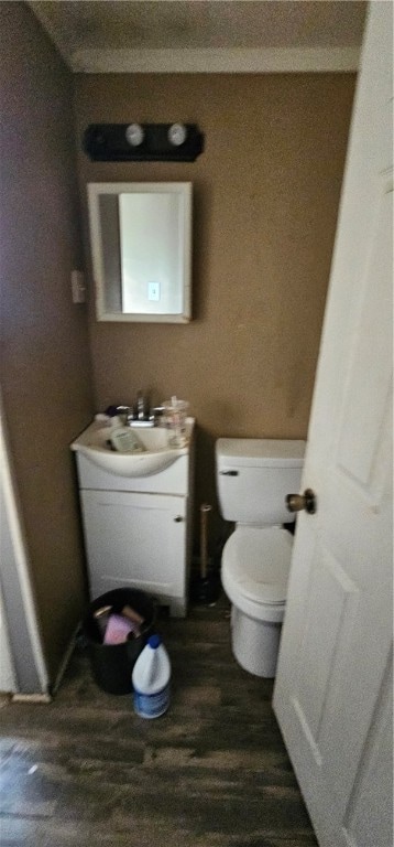 bathroom with hardwood / wood-style floors, vanity, and toilet