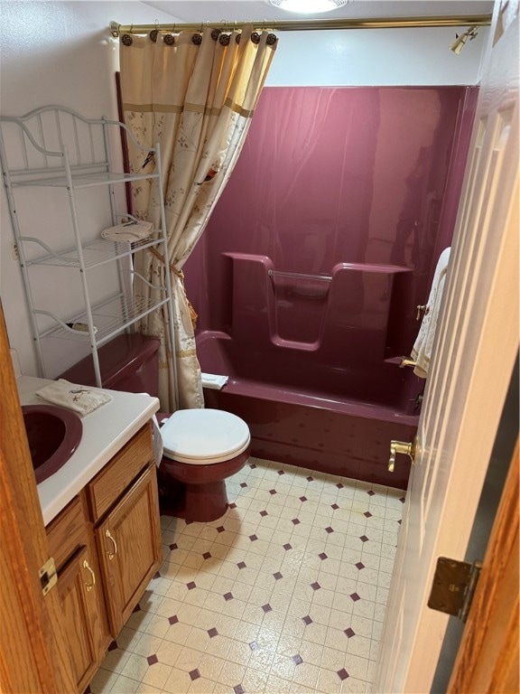 full bathroom with vanity, toilet, and shower / bathtub combination with curtain