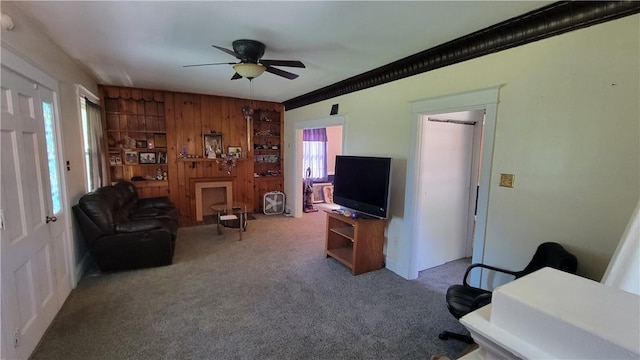 2601 Mount Royal Blvd, Shaler, PA 15116 - carpeted living room featuring ceiling fan and wood walls